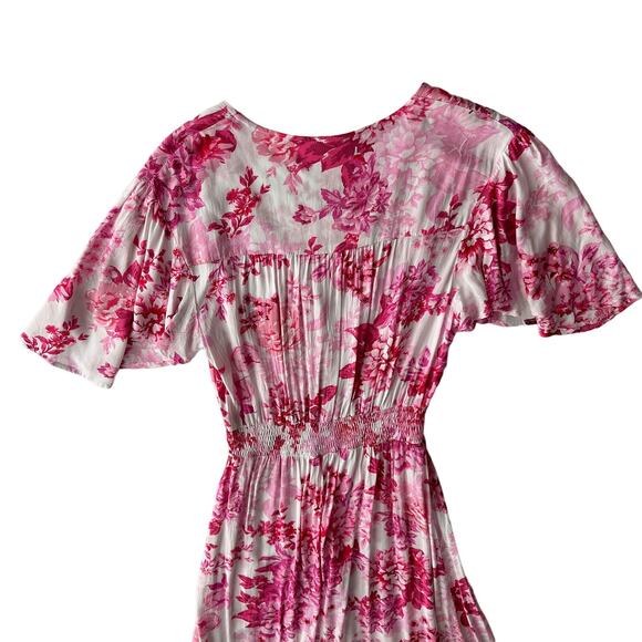 Abel the Label Pink Floral High Low Ruffle Hem Flutter Sleeve Maxi Dress M - Picture 3 of 9